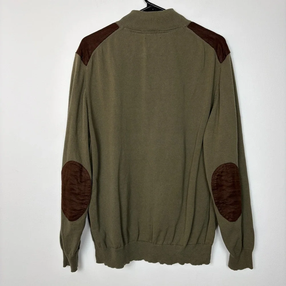 John Bartlett Men Henley Sweater Large Olive Green Elbow Patches Academia Preppy